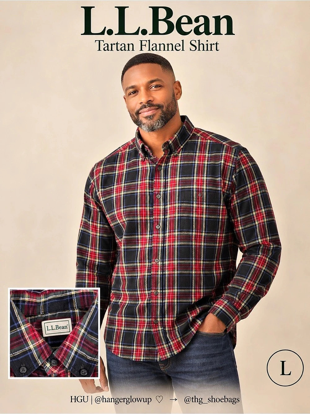 L.L.Bean Scotch Plaid Flannel Shirt Black Red Tartan Mens Large